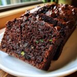Close-up of moist chocolate zucchini bread slices topped with chocolate chips, showing green zucchini flecks.
