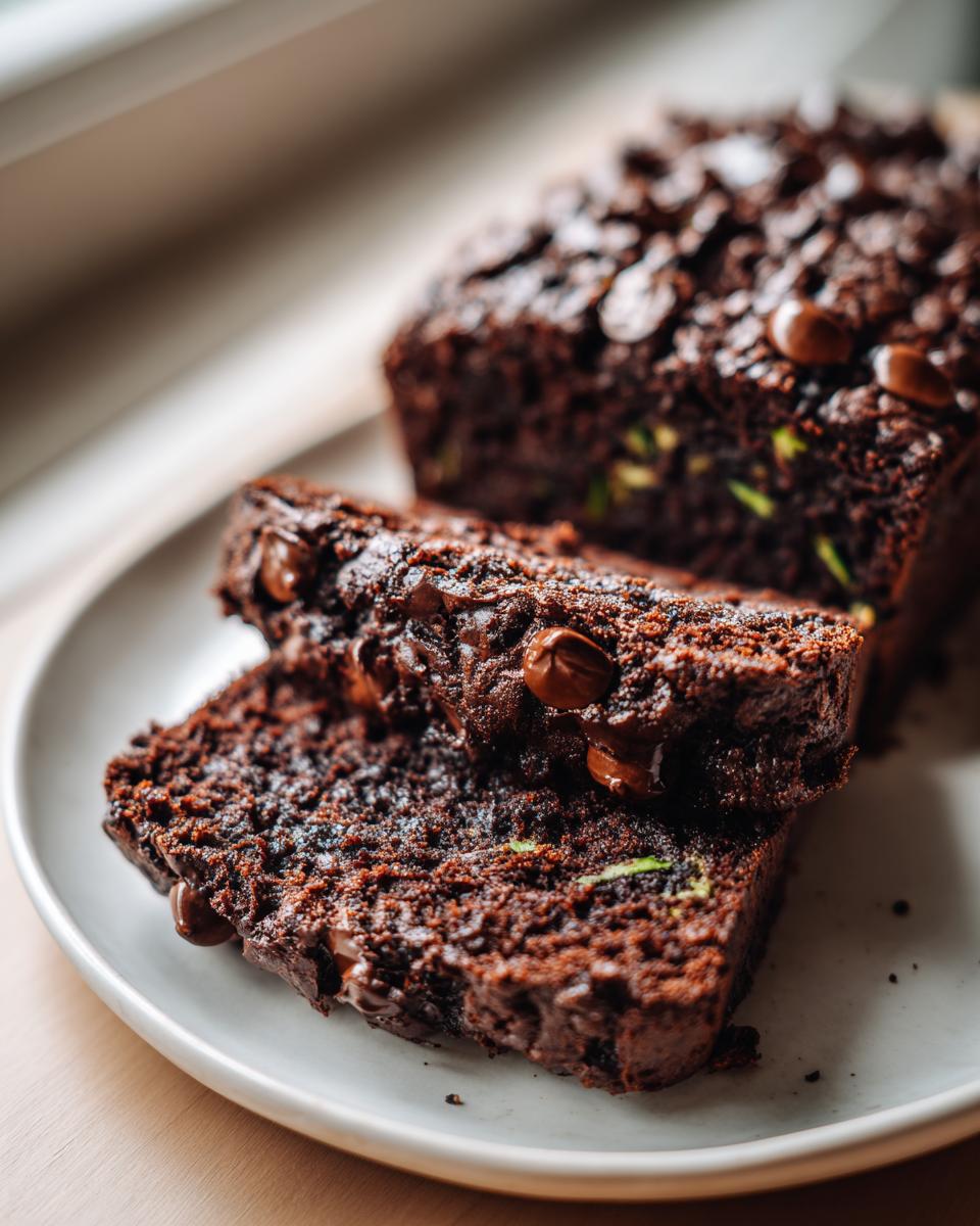 Two thick slices of rich, dark chocolate zucchini bread topped with melted chocolate chips on a white plate.