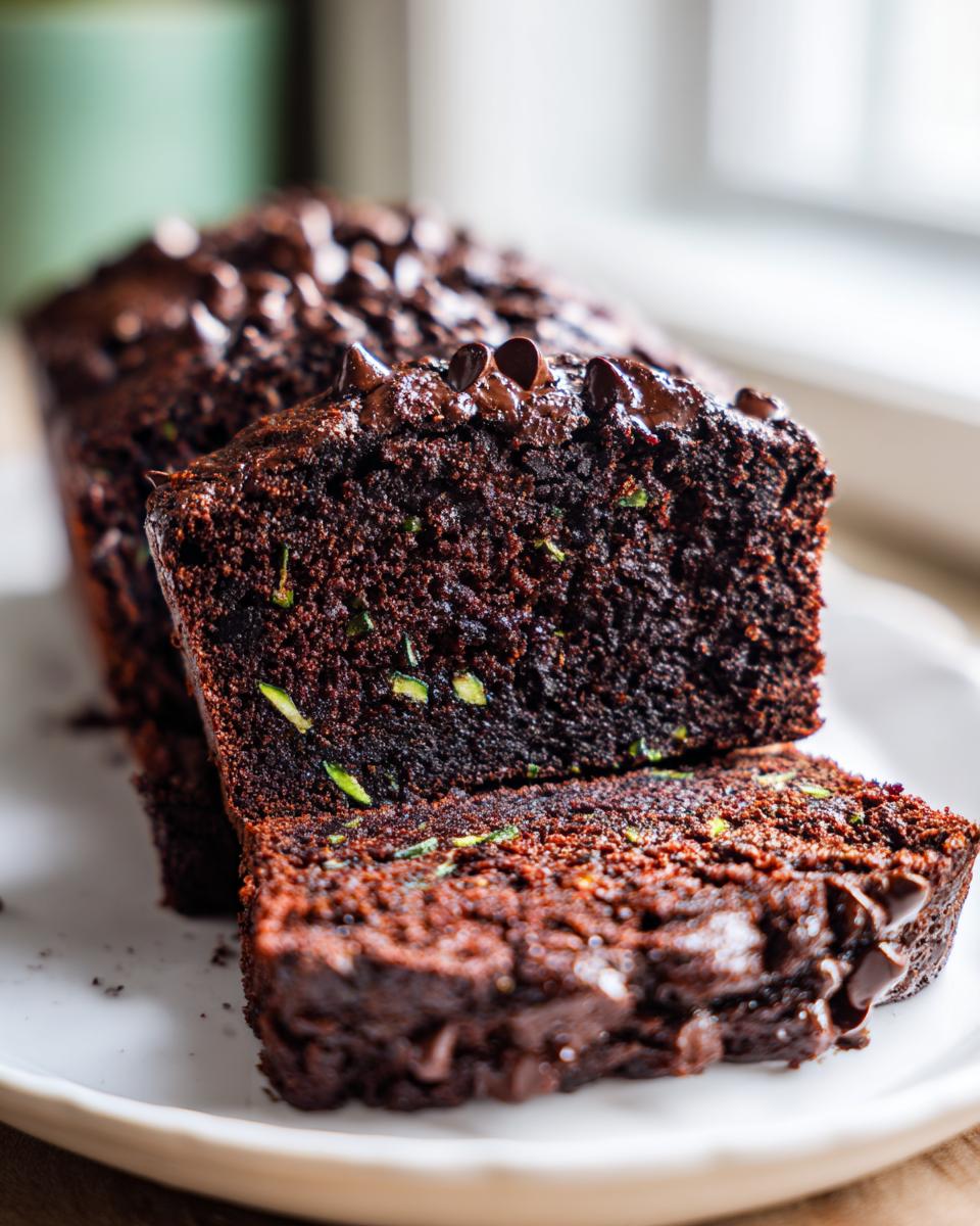 Close-up of moist chocolate zucchini bread, showing dark crumb and green zucchini shreds, topped with chocolate chips.