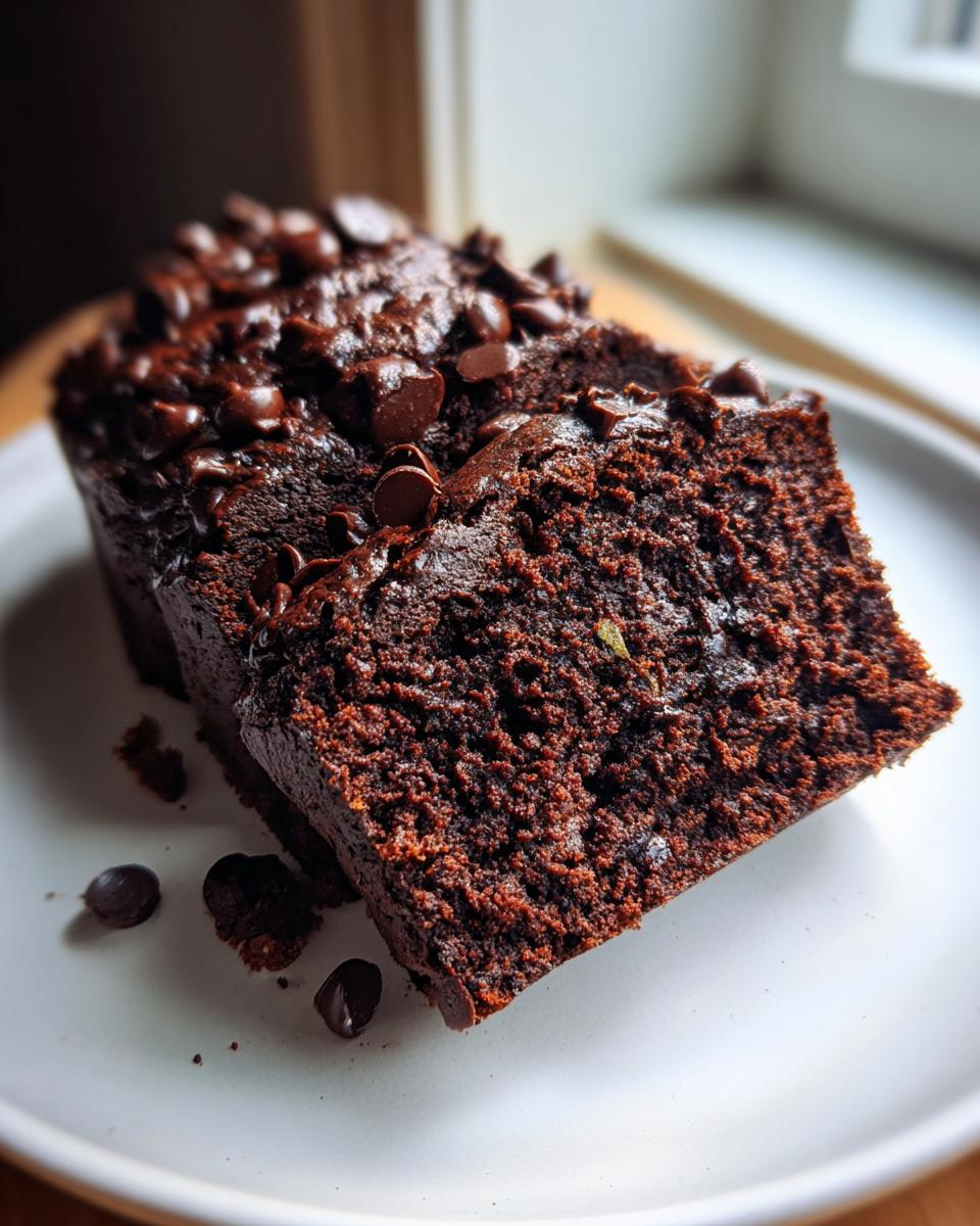 Two slices of rich, dark chocolate zucchini bread topped with melted chocolate chips on a white plate.