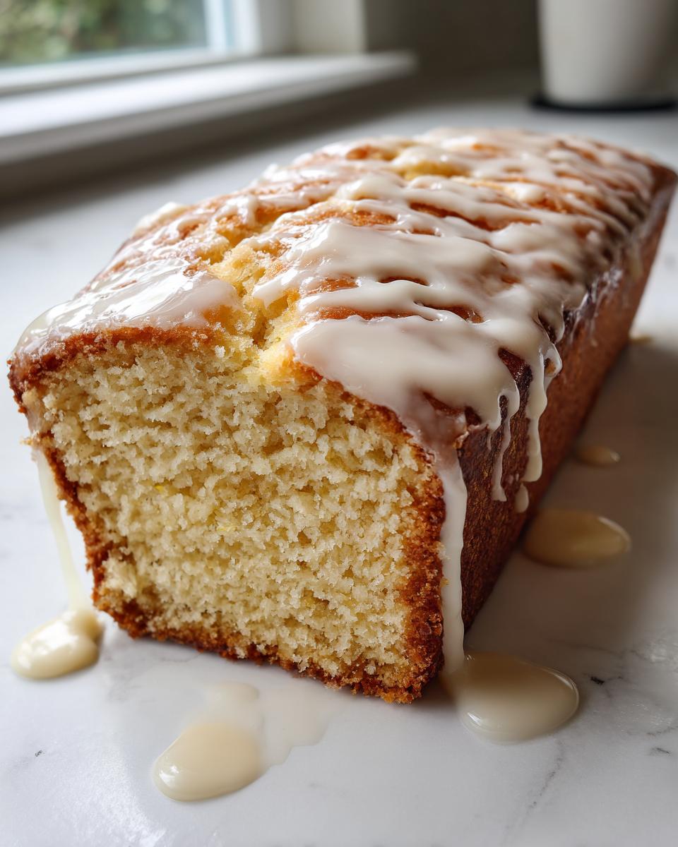 A close-up of moist eggnog bread, sliced to show the crumb, topped with a thick, dripping eggnog glaze.