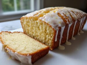 Close-up of moist eggnog bread loaf, sliced, topped with a thick white glaze dripping down the sides.
