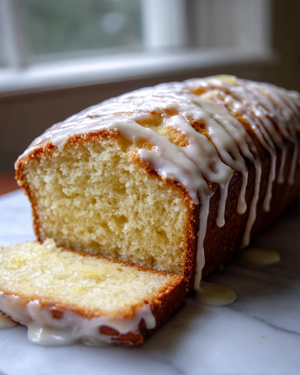 A moist loaf of eggnog bread, partially sliced, drizzled heavily with white vanilla glaze.