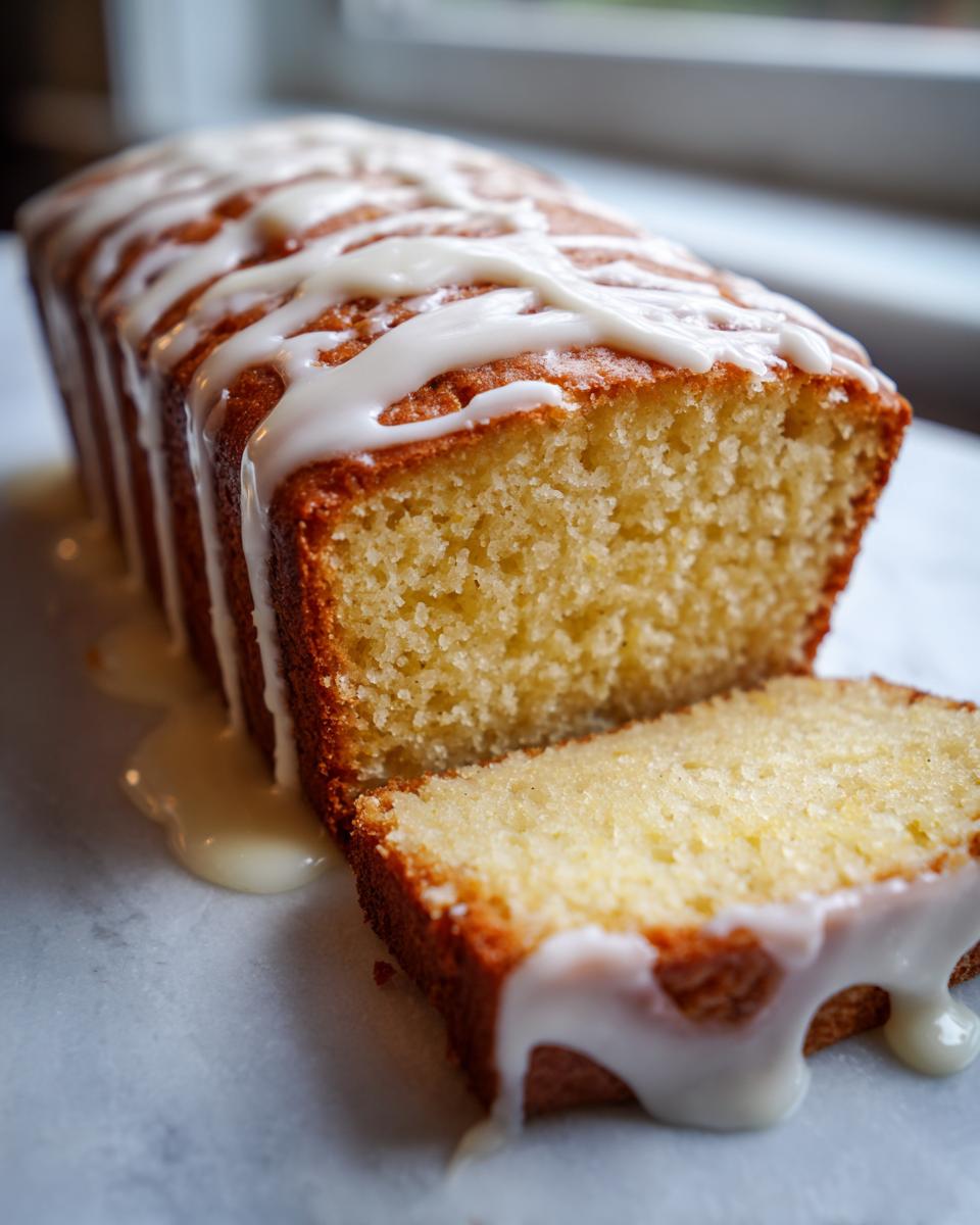 A moist loaf of eggnog bread, sliced, featuring a thick, dripping vanilla glaze on top.