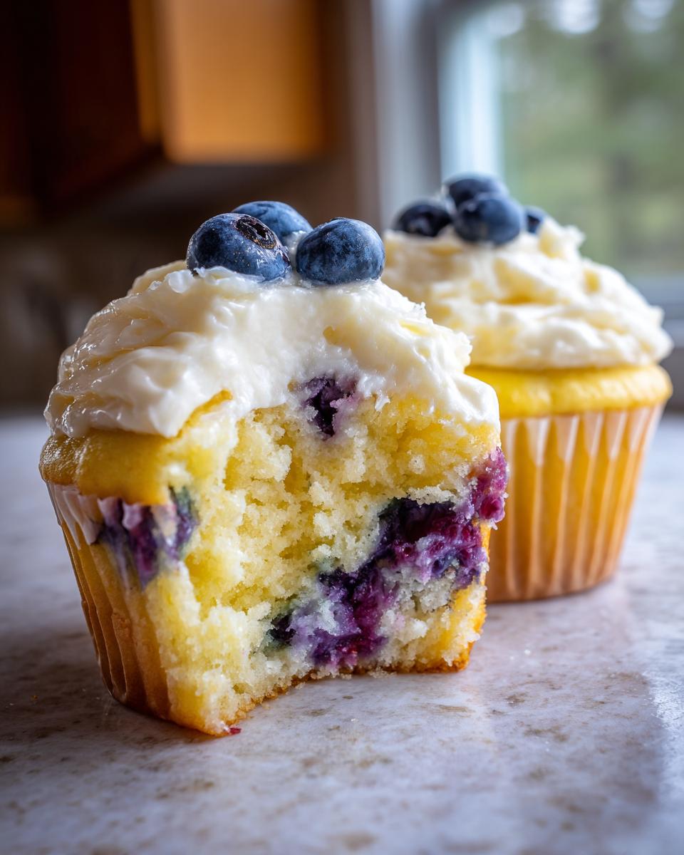 Close-up of a lemon blueberry cupcake with a bite taken out, showing the moist crumb and blueberries.