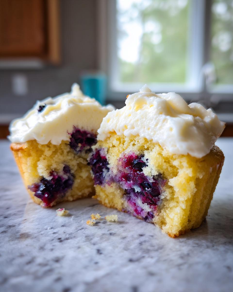 Close-up of a lemon blueberry cupcake cut in half showing moist crumb and bursting blueberries, topped with cream cheese frosting.