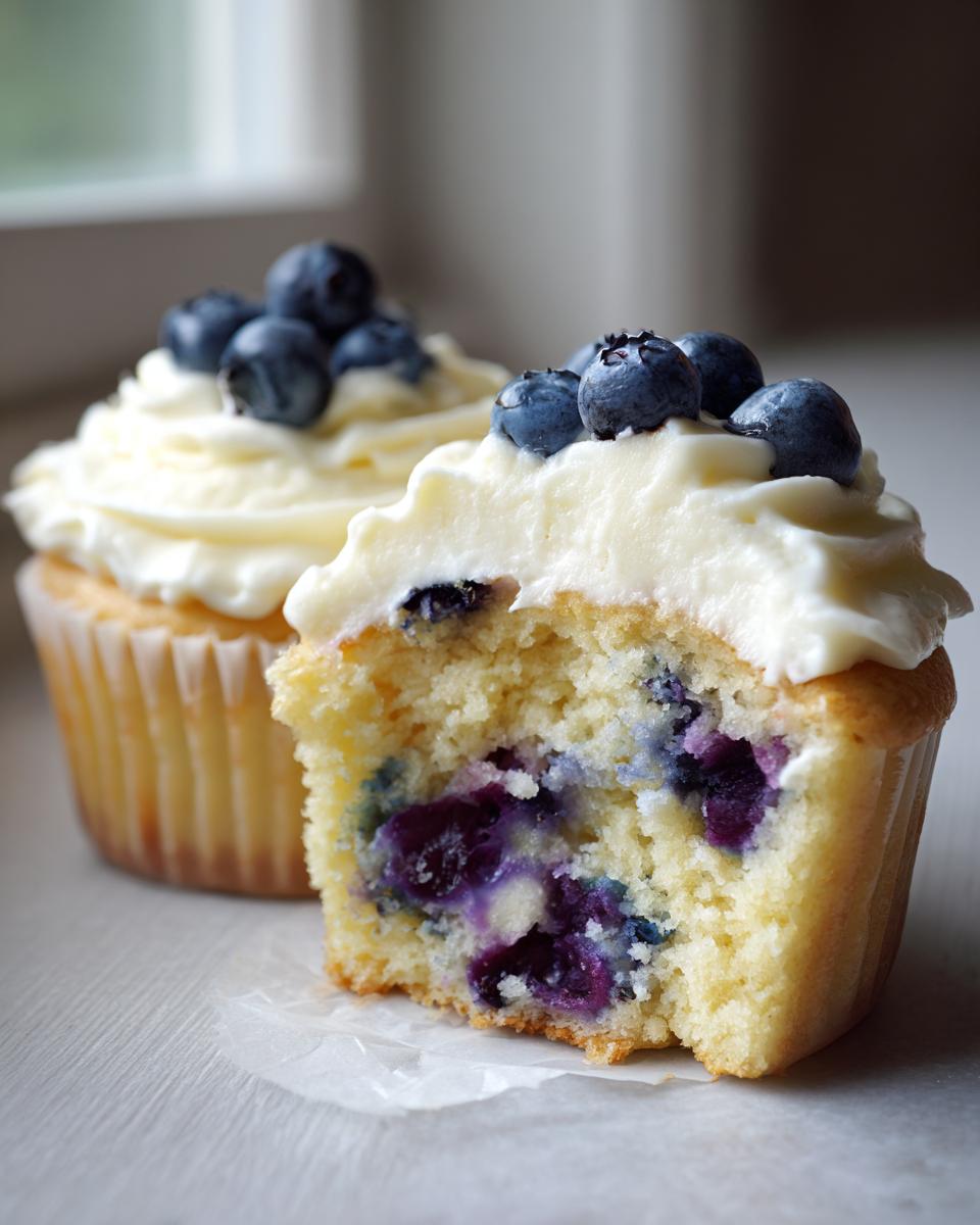 Close-up of a lemon blueberry cupcake cut in half showing moist crumb and burst blueberries, topped with cream cheese frosting.
