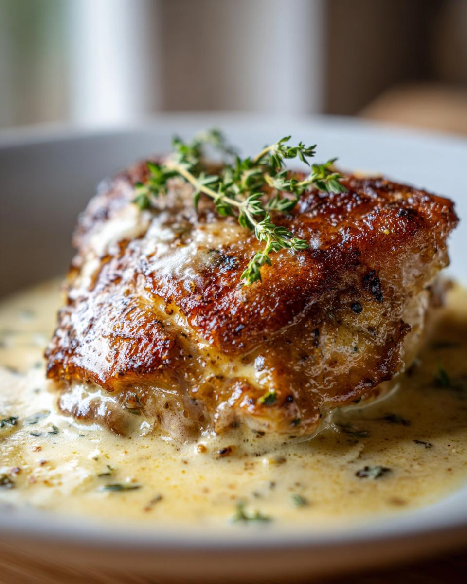 Close-up of a perfectly seared chicken thighs piece resting in a rich, creamy herb sauce.