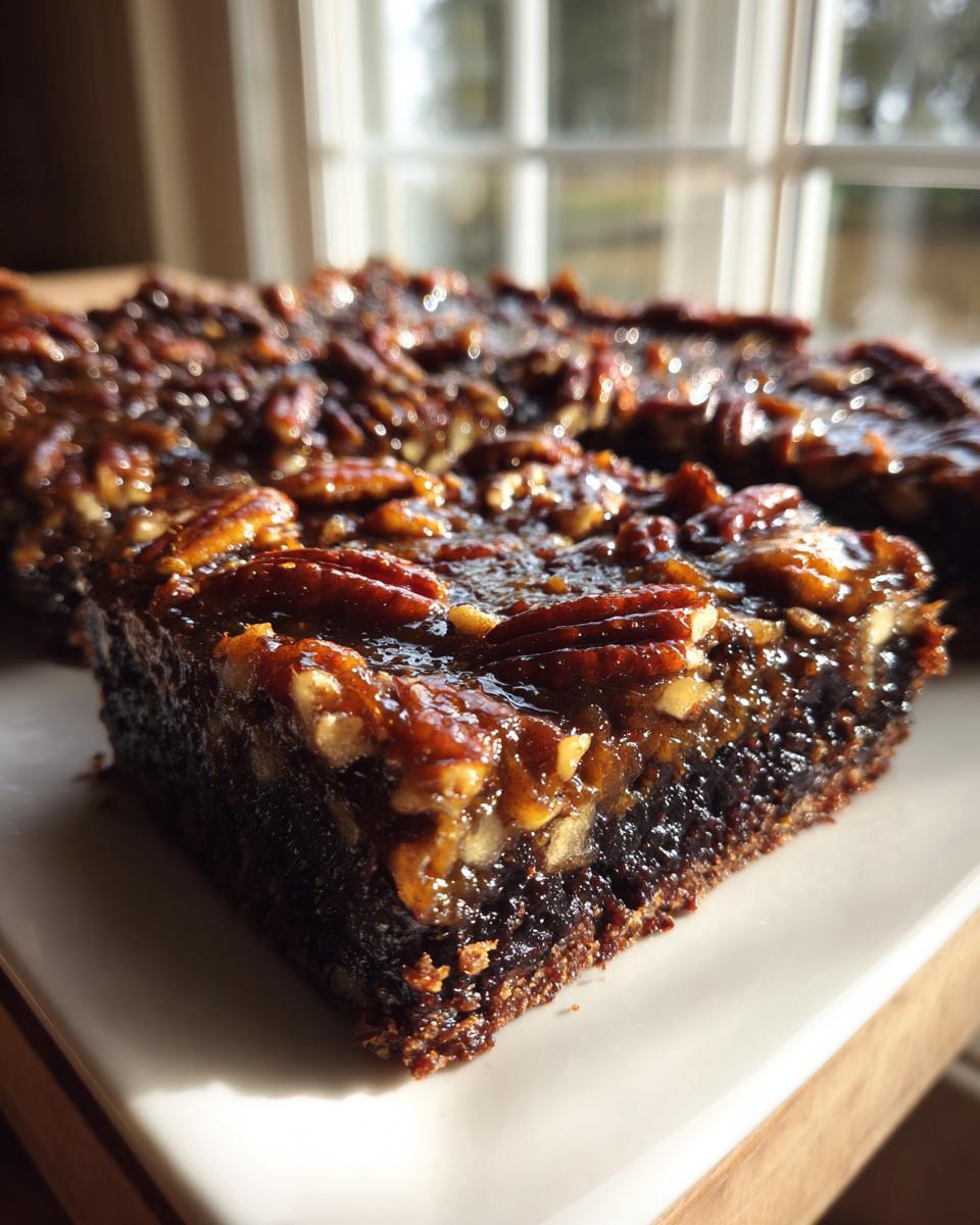 A close-up shot of a rich, dark pecan pie brownies square with a sticky, glossy pecan topping.