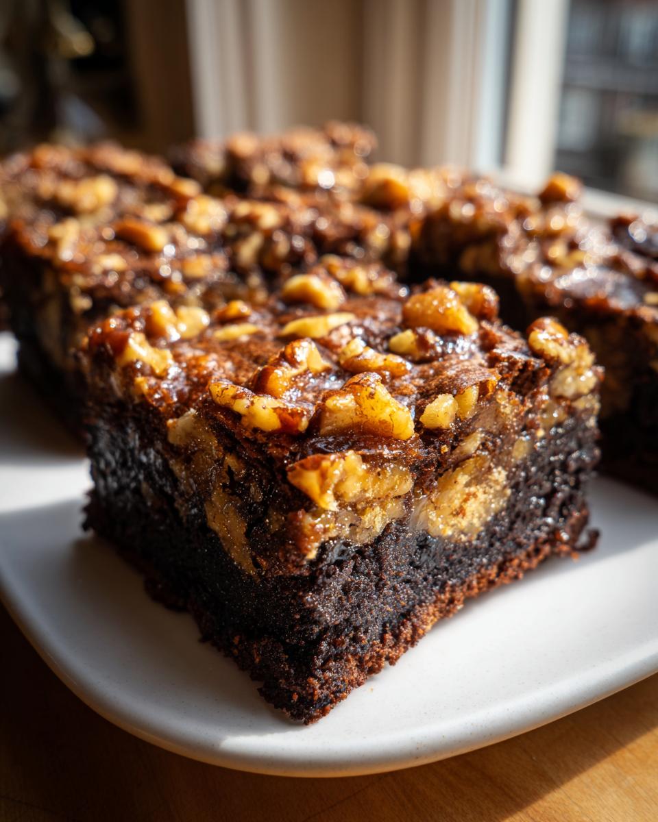A close-up view of a rich, fudgy pecan pie brownies slice topped with a gooey pecan layer, sitting on a white plate.
