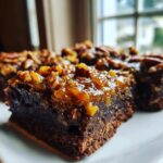 A rich, fudgy slice of pecan pie brownies topped with a sticky, caramelized pecan topping.