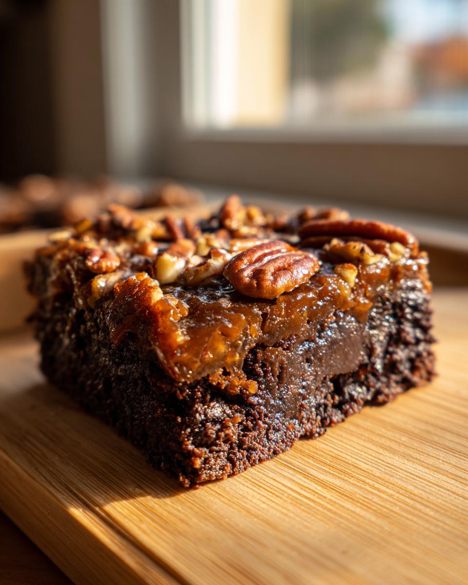A rich, fudgy slice of pecan pie brownies topped with gooey caramel and whole pecans.