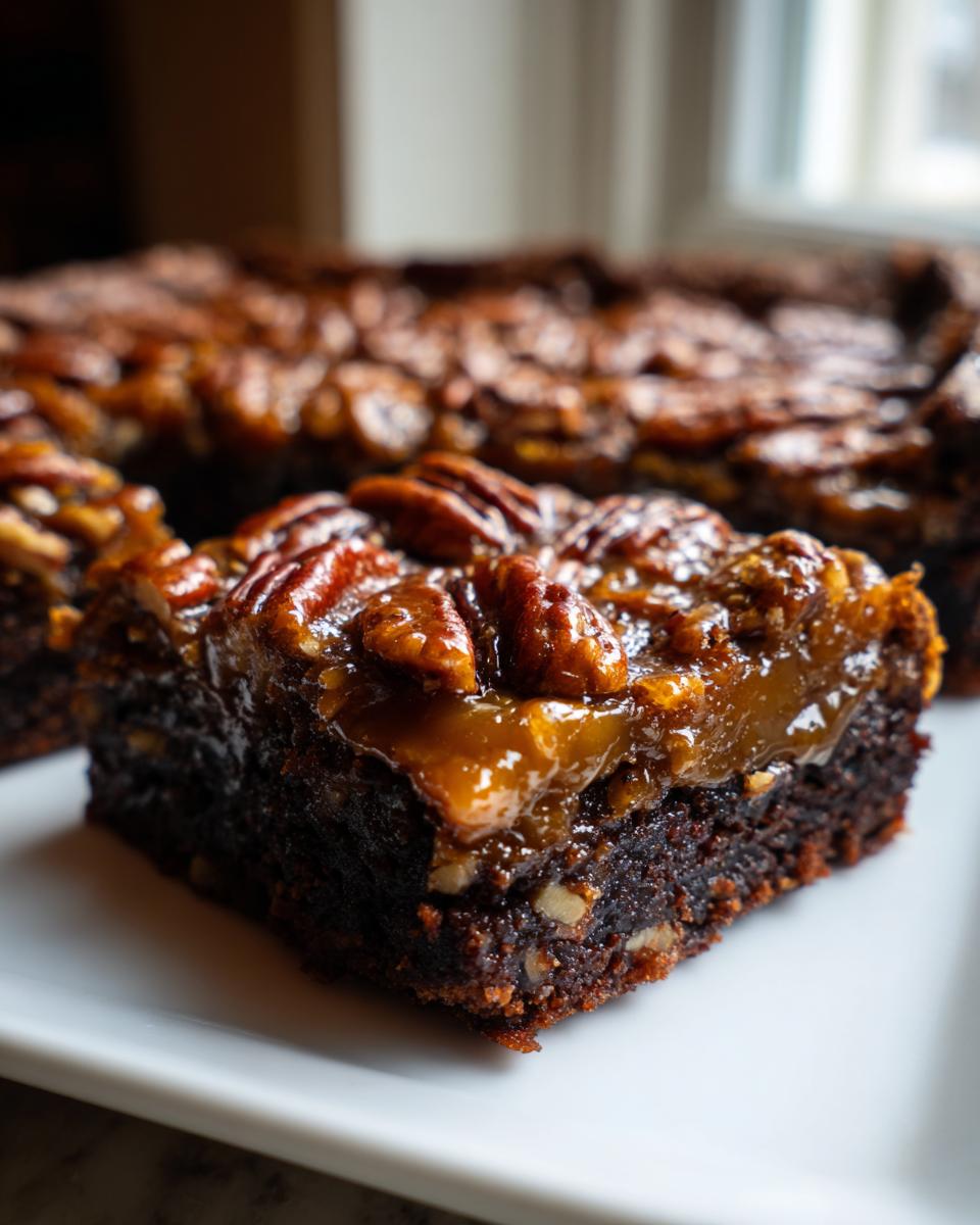 A decadent square of pecan pie brownies featuring a fudgy base and a sticky caramel pecan topping.