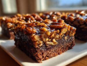 A close-up of a fudgy square of pecan pie brownies topped with a thick, glossy layer of glazed pecans.