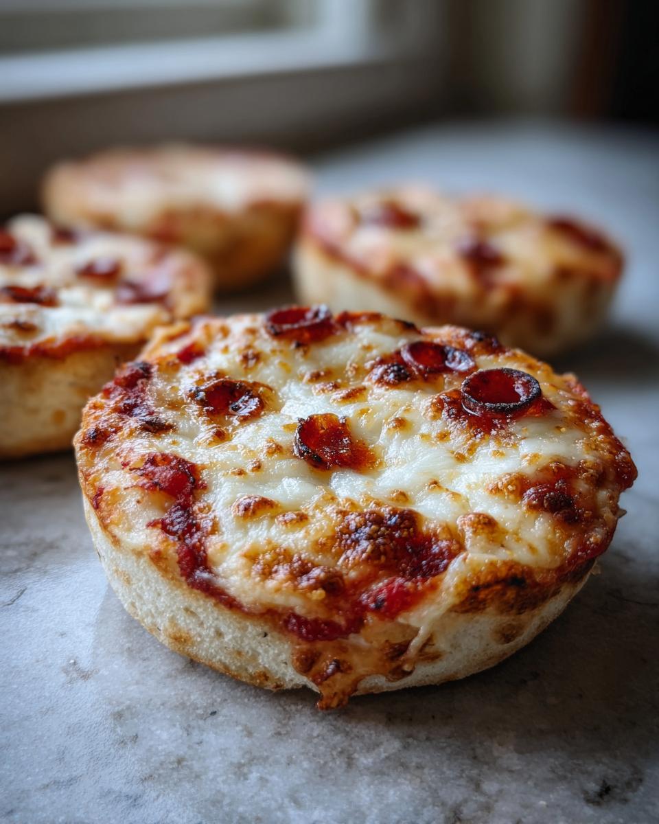 A close-up of a freshly baked pepperoni english muffin pizza with melted, bubbly cheese.
