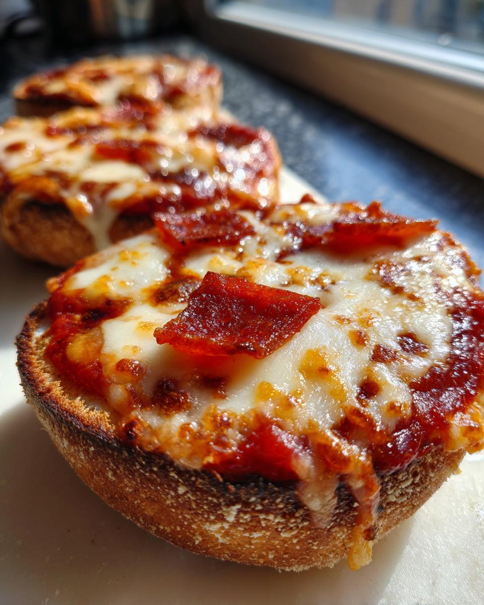 Close-up of a freshly baked english muffin pizza topped with melted cheese and pepperoni slices.