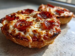 Close-up of a freshly baked pepperoni english muffin pizza with melted, bubbly cheese.