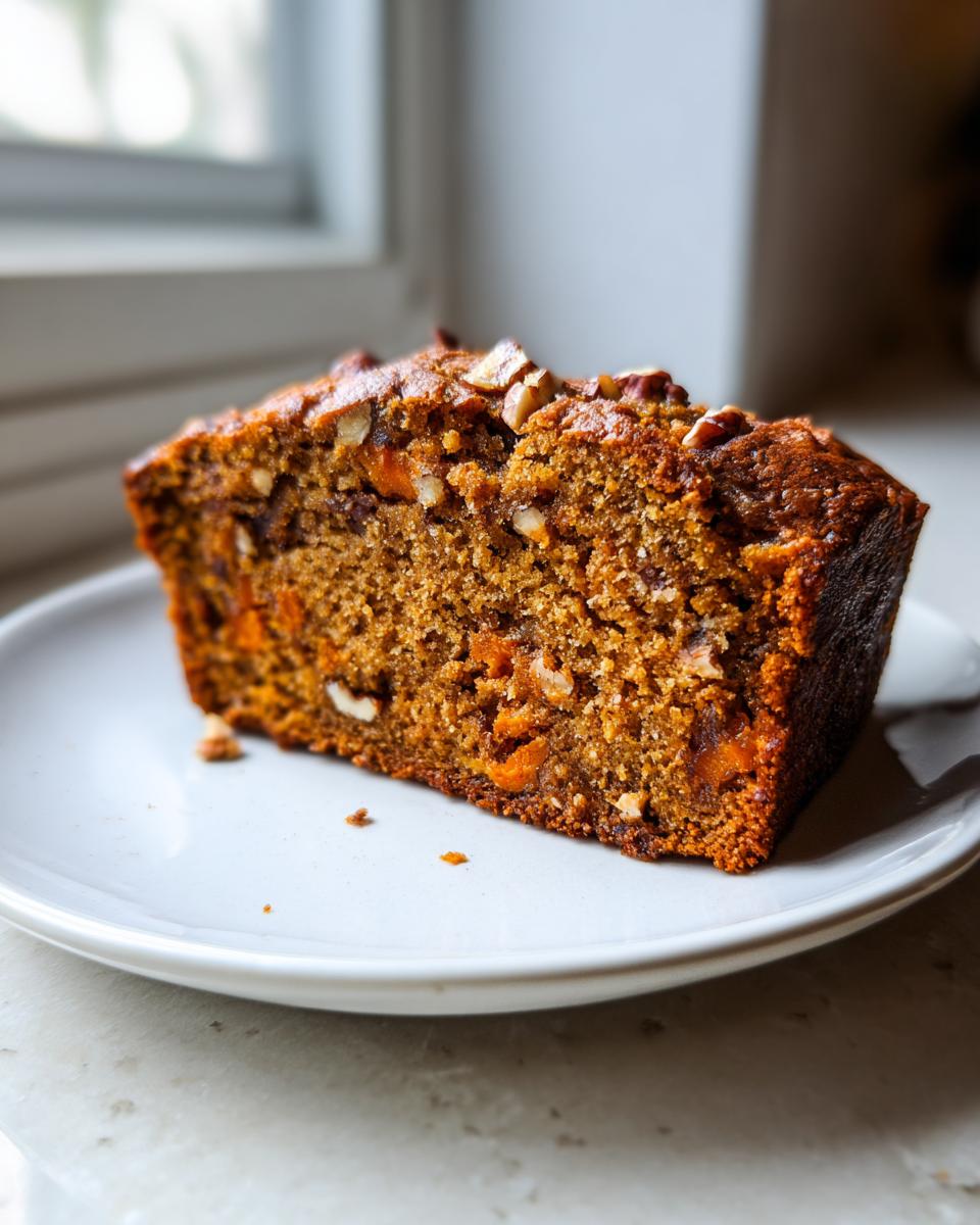 Close-up of a moist slice of persimmon bread topped with chopped pecans on a white plate.