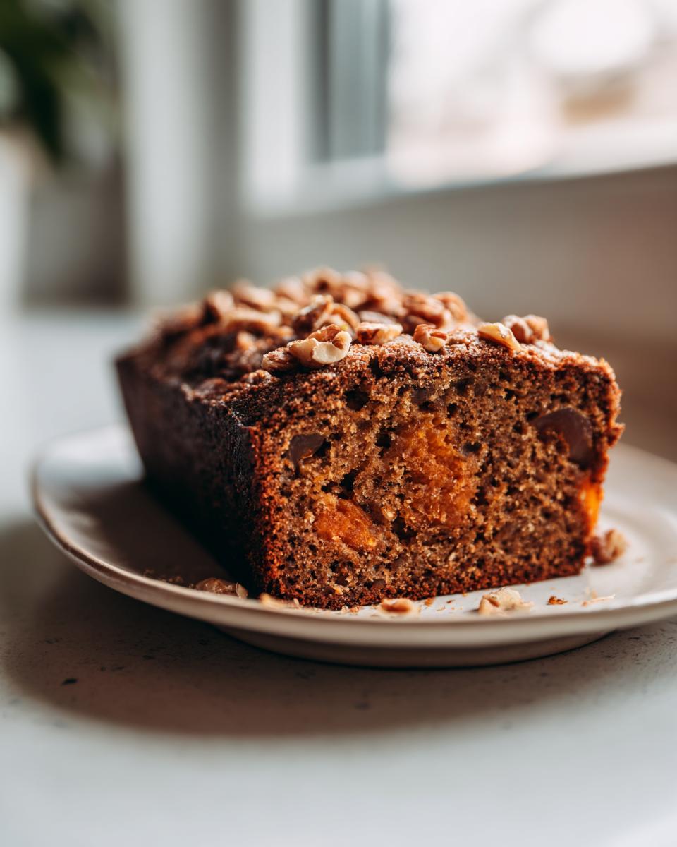 Close-up of a slice of rich, dark persimmon bread topped with chopped walnuts, showing moist interior.