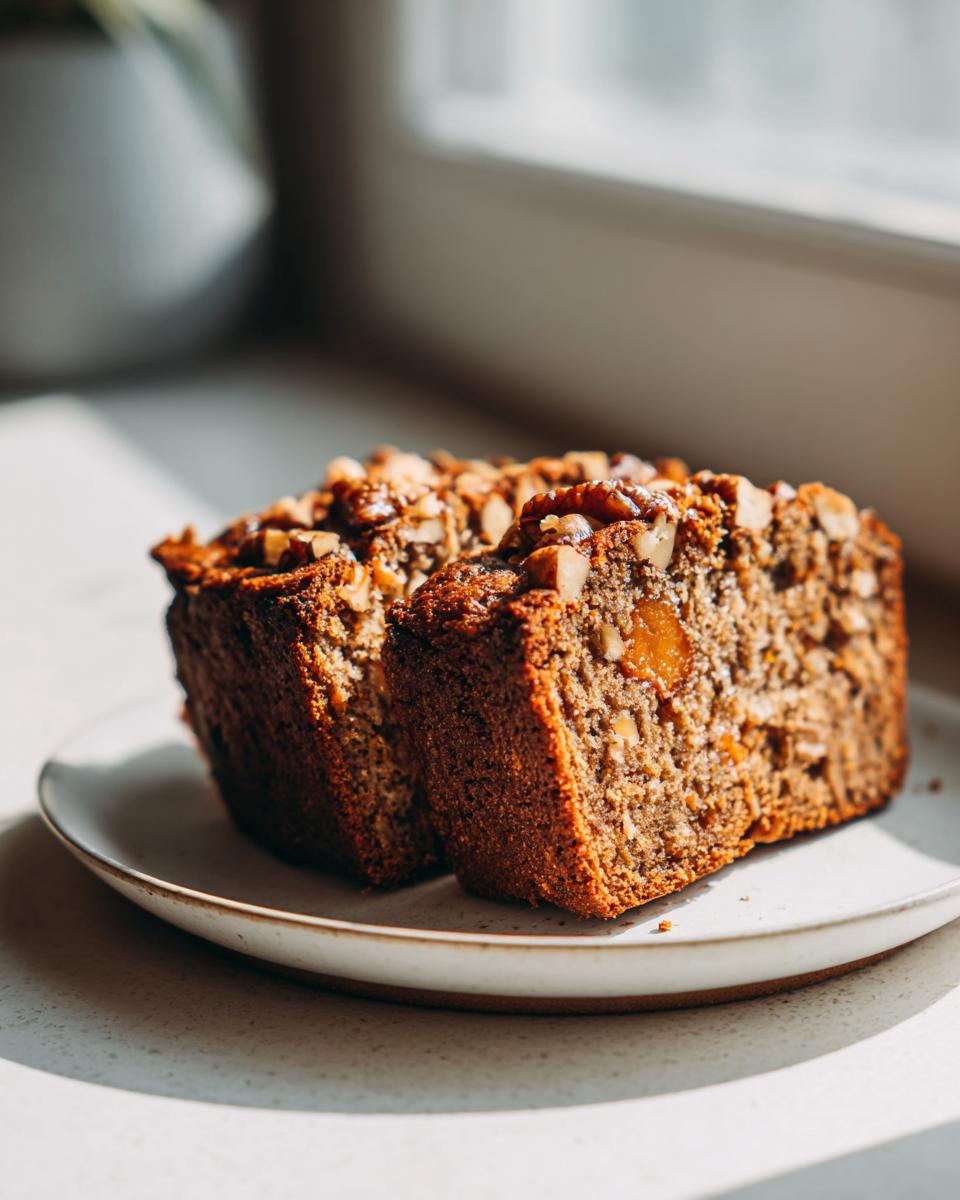 Two thick slices of moist persimmon bread topped with walnuts, served on a small plate near a window.