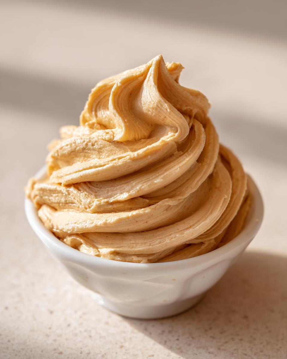 A close-up of beautifully piped cinnamon butter, golden brown in color, served in a small white ramekin.
