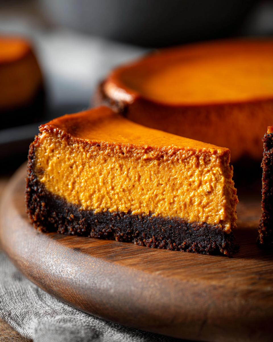 A thick slice of vibrant orange pumpkin cheesecake featuring a dark chocolate crust, sitting on a wooden board.