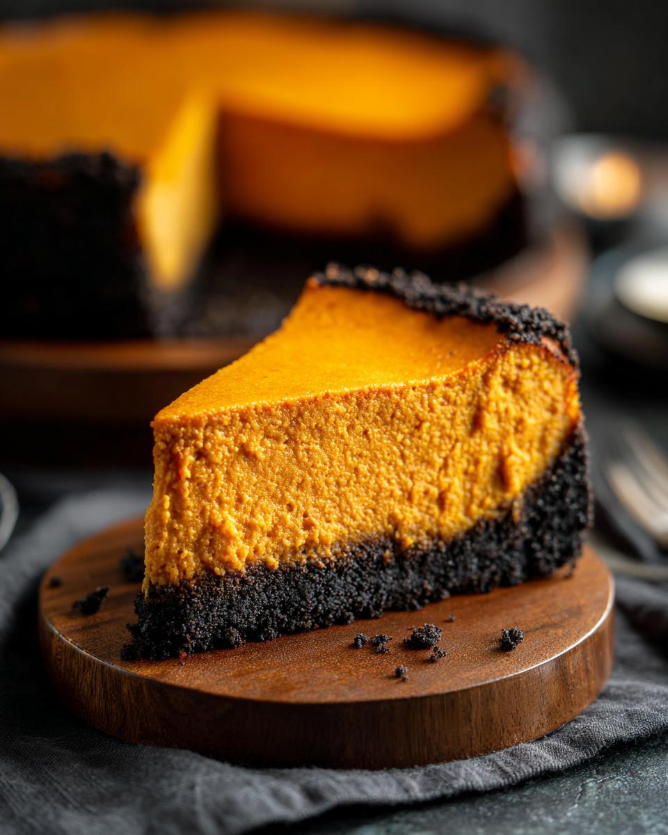 A thick slice of vibrant orange pumpkin cheesecake with a dark chocolate crust, sitting on a wooden plate.