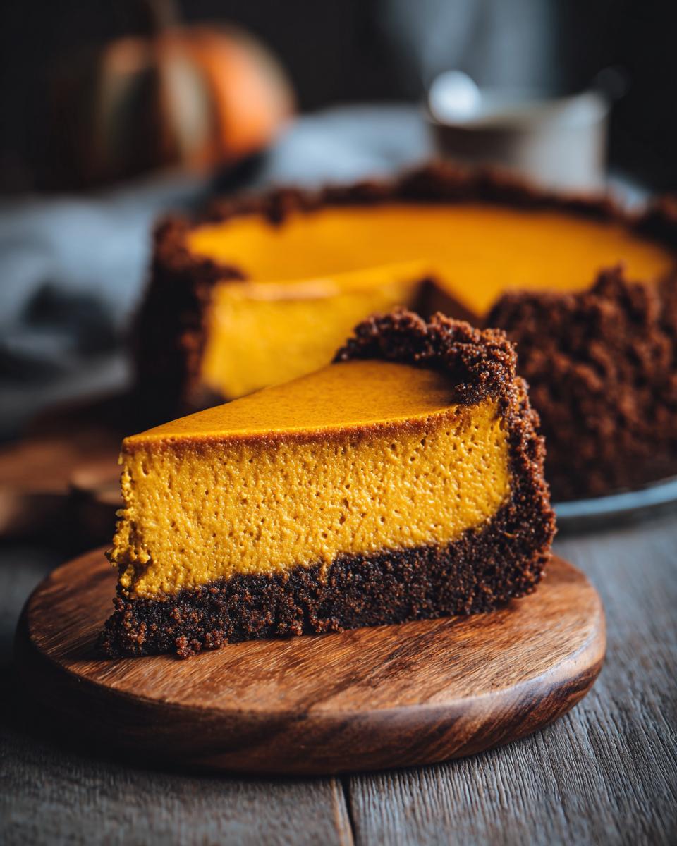 A decadent slice of pumpkin cheesecake with a thick, dark chocolate crust served on a wooden board.