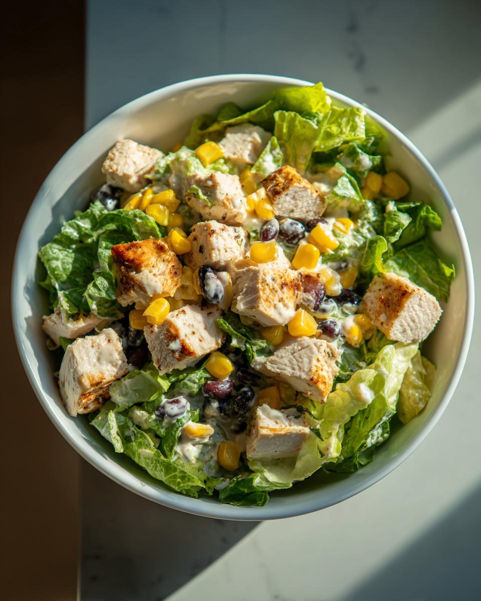 Overhead view of a vibrant southwest salad featuring grilled chicken chunks, corn, black beans, and creamy dressing over lettuce.
