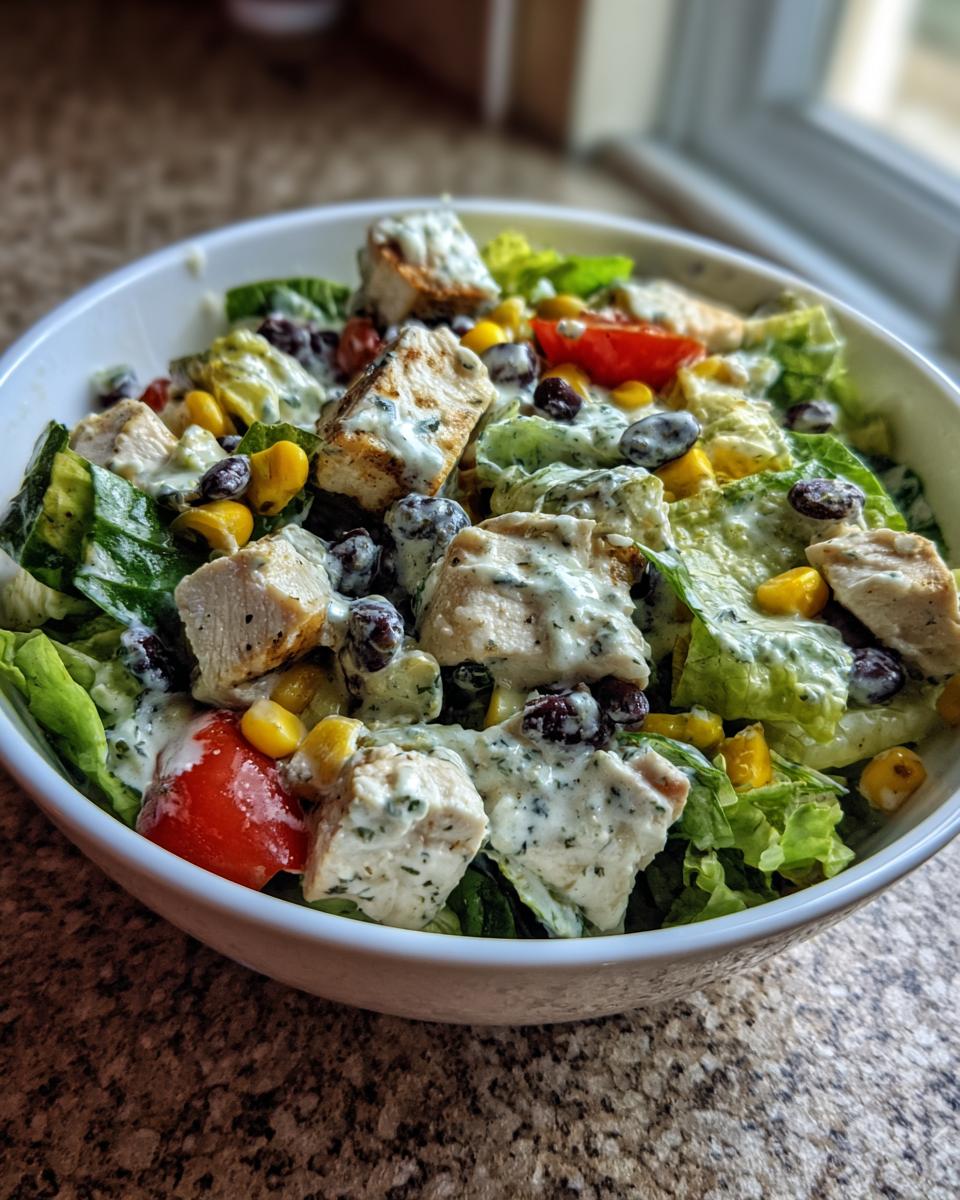 Close-up of a hearty southwest salad featuring grilled chicken, corn, black beans, tomatoes, and creamy cilantro dressing.