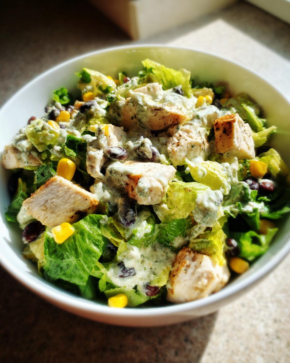 Close-up of a fresh southwest salad with grilled chicken, corn, black beans, and creamy dressing.