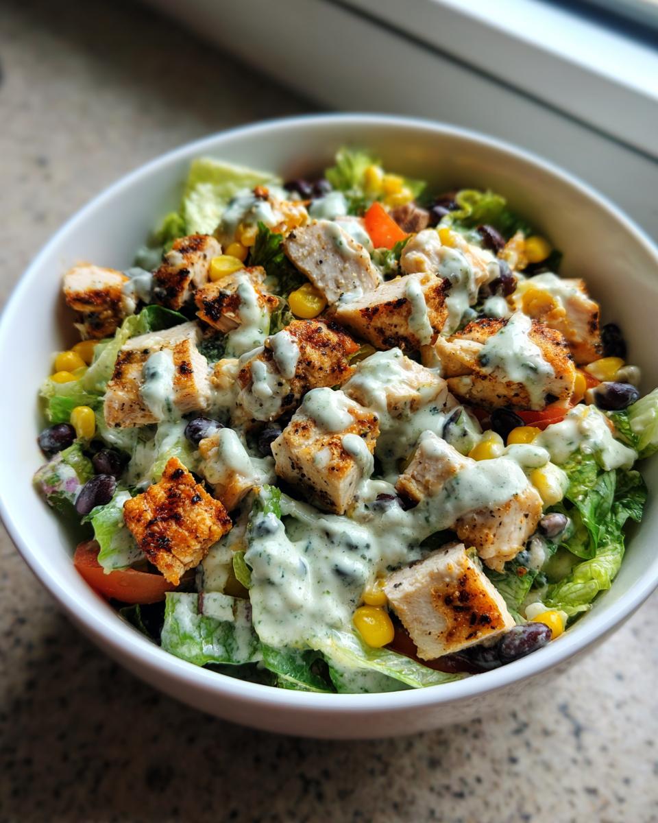 Close-up of a vibrant southwest salad featuring grilled chicken, black beans, corn, and a creamy green dressing.