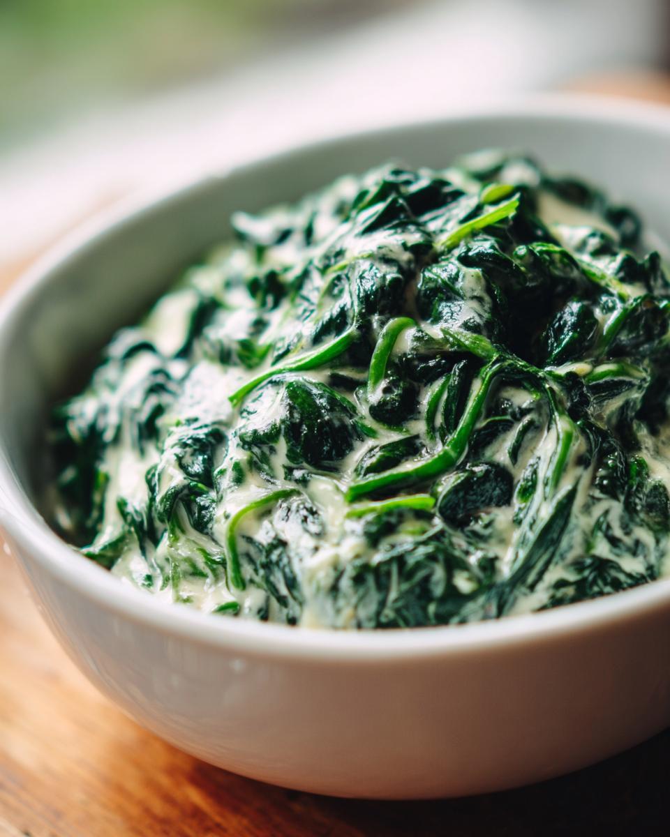 Close-up of a white bowl filled with rich, homemade creamed spinach, showing vibrant green leaves coated in a creamy sauce.