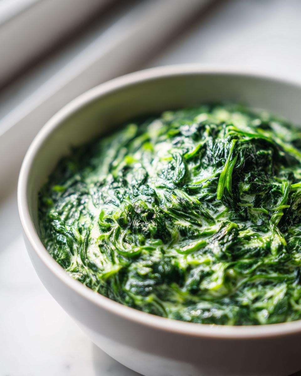 A close-up view of rich, vibrant green creamed spinach served in a simple white bowl.