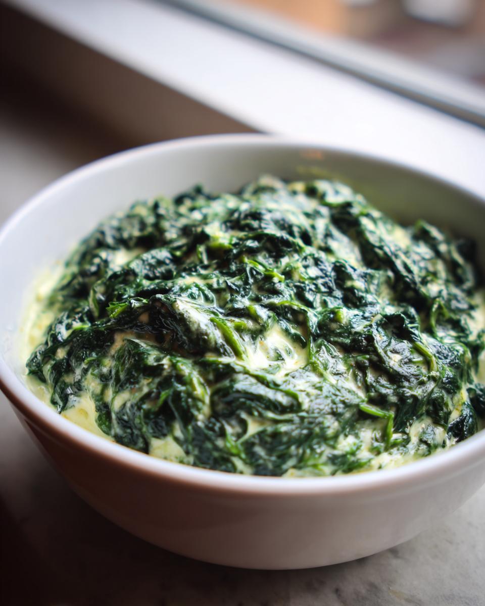 A close-up view of a white bowl filled with rich, dark green creamed spinach, set near a bright window.