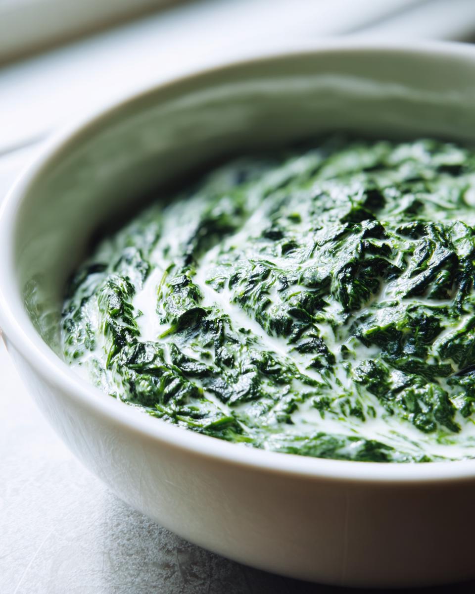 A close-up view of rich, dark green creamed spinach mixed with a white cream sauce, served in a white bowl.