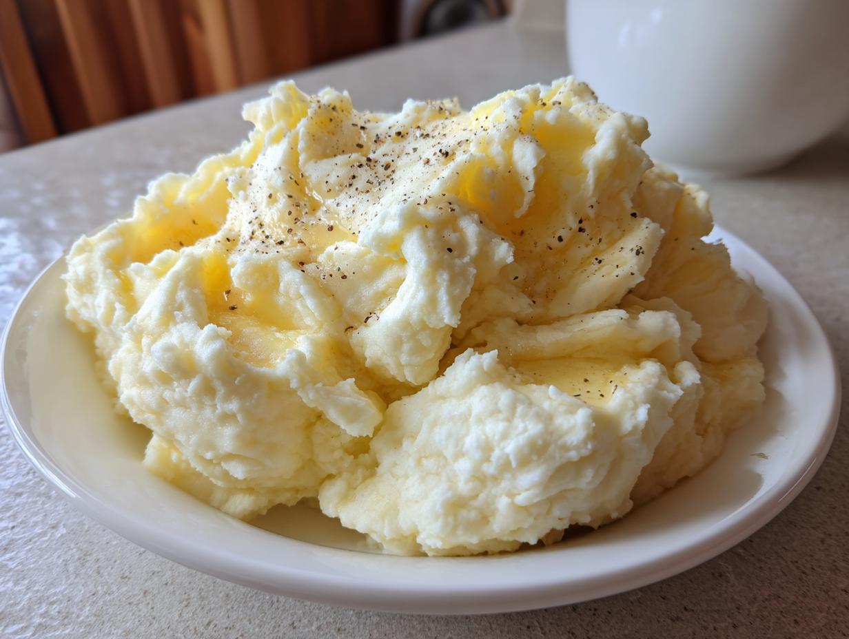 A generous serving of fluffy mashed potatoes topped with melted butter and black pepper.