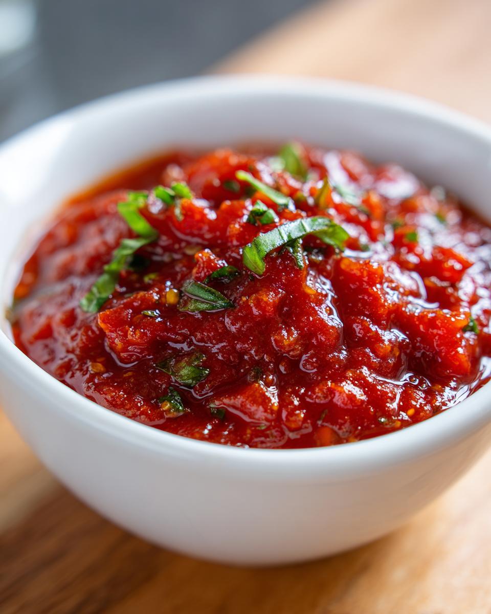 Close-up of chunky, vibrant red tomato sauce garnished with fresh basil in a white bowl.