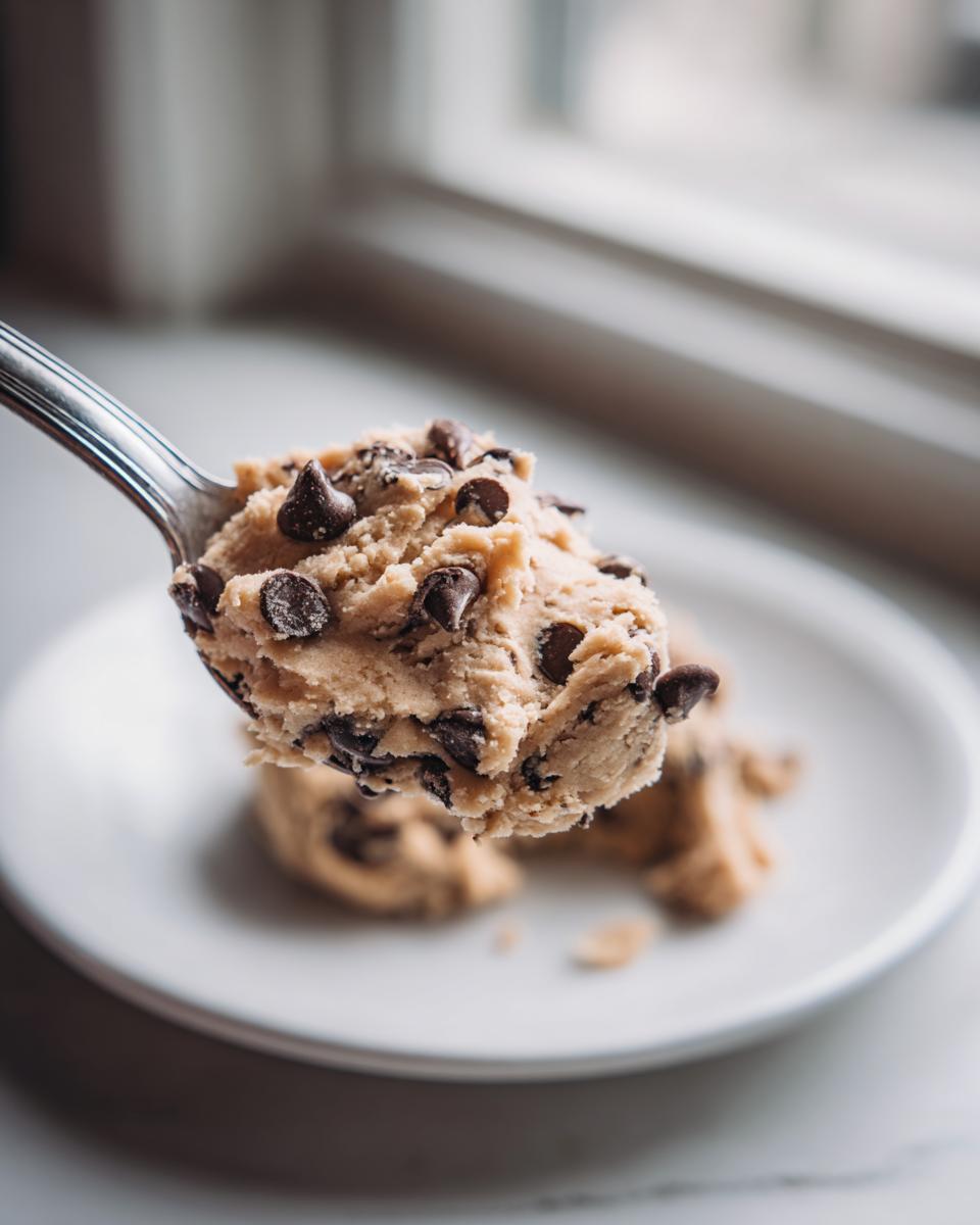 Close-up of a spoonful of edible chocolate chip cookie dough recipe being held over a white plate.