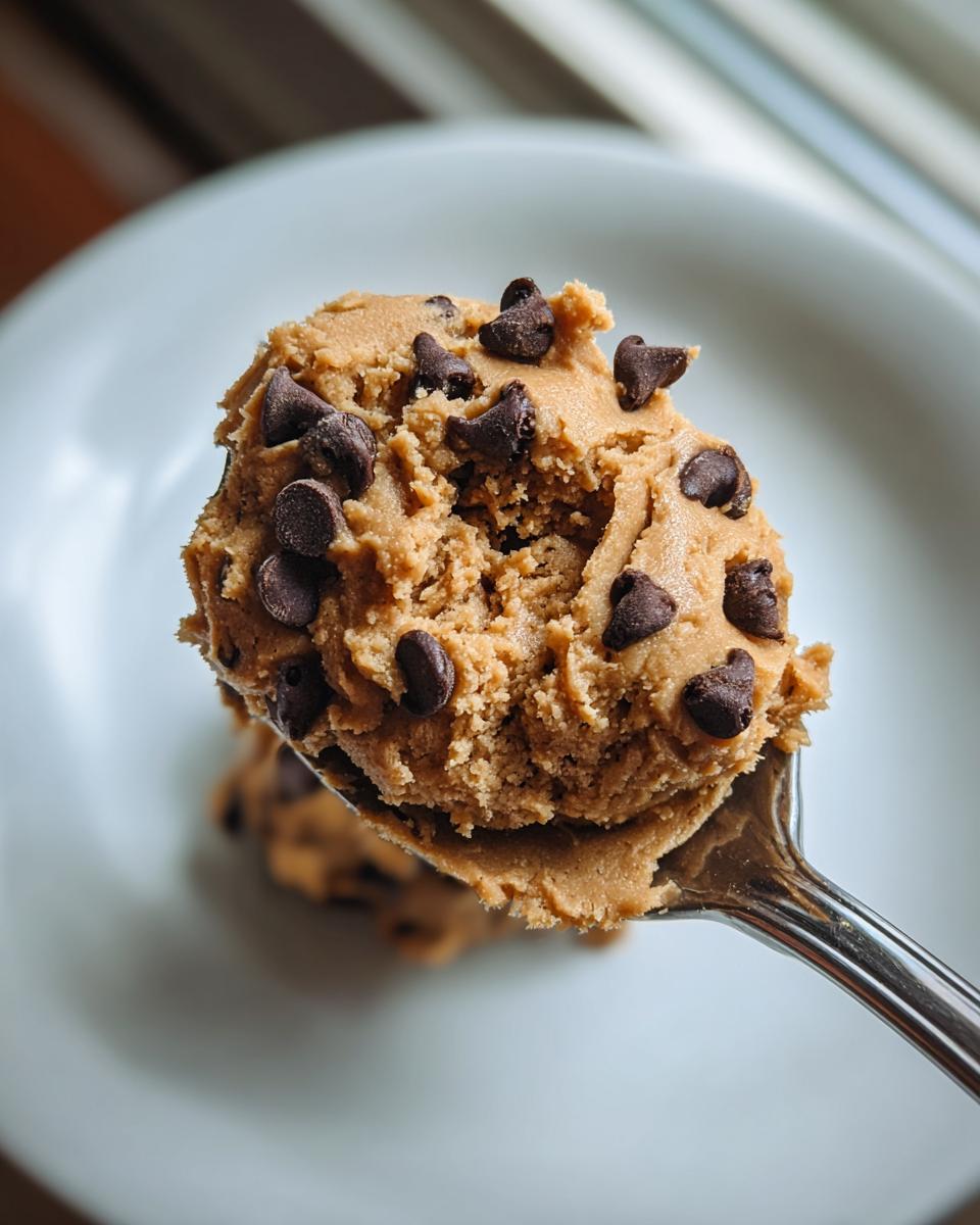 Close-up of a spoonful of delicious, edible chocolate chip cookie dough recipe mixture.