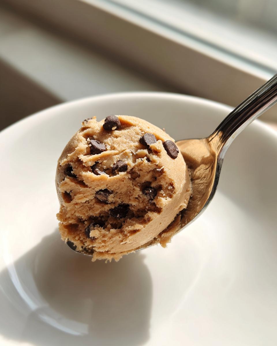 A perfect scoop of edible chocolate chip cookie dough recipe held on a spoon over a white bowl.