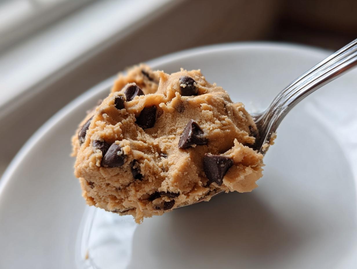 A spoonful of thick, edible cookie dough recipe loaded with chocolate chips, held over a white plate.