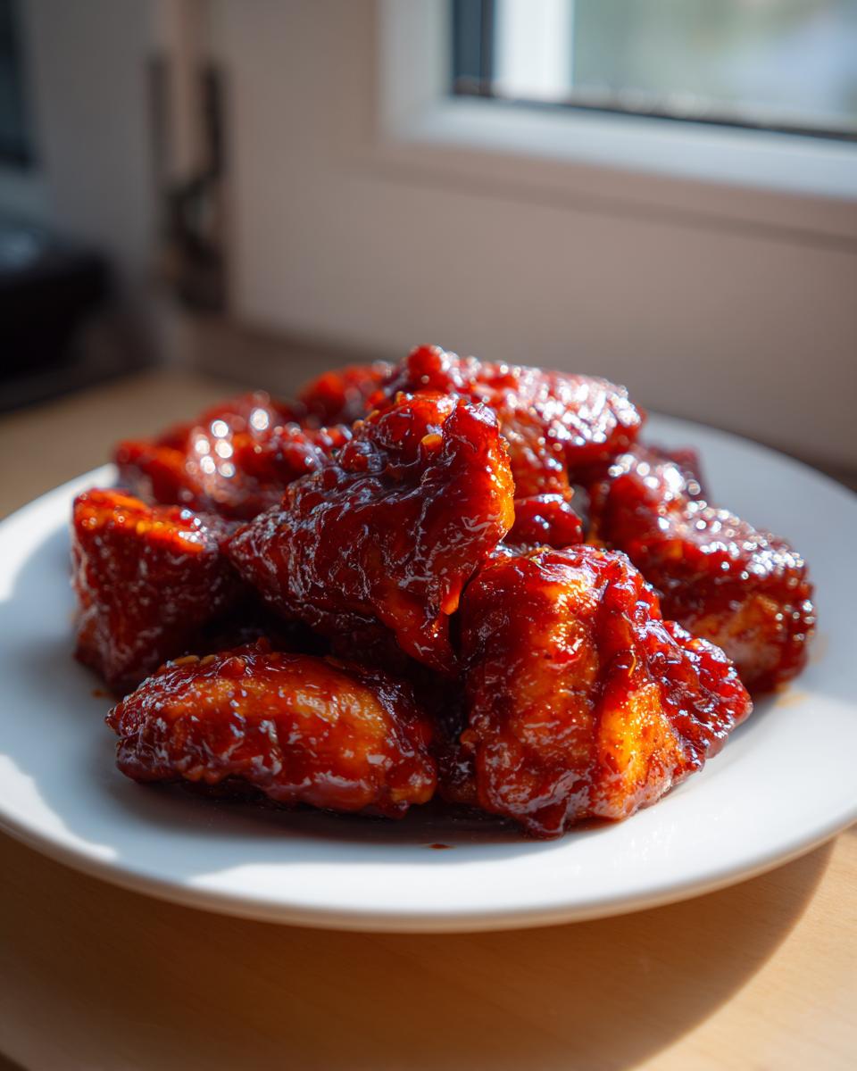 Close-up of sticky, glossy gochujang chicken pieces piled high on a white plate, catching the sunlight.