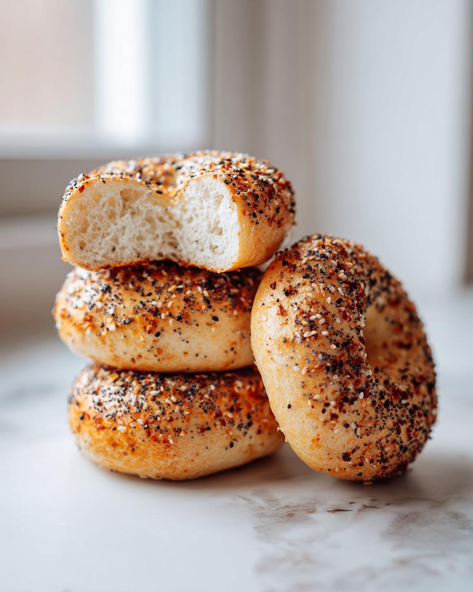 A stack of three everything sourdough discard bagels, with the top one bitten to show the fluffy interior.