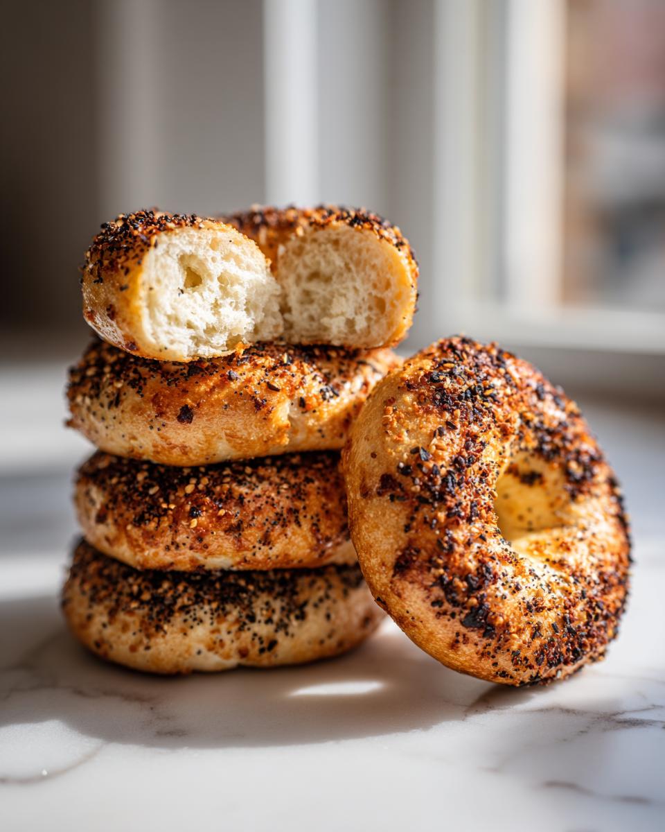 A stack of four everything seasoned sourdough discard bagels, with the top one broken open to show the airy interior.