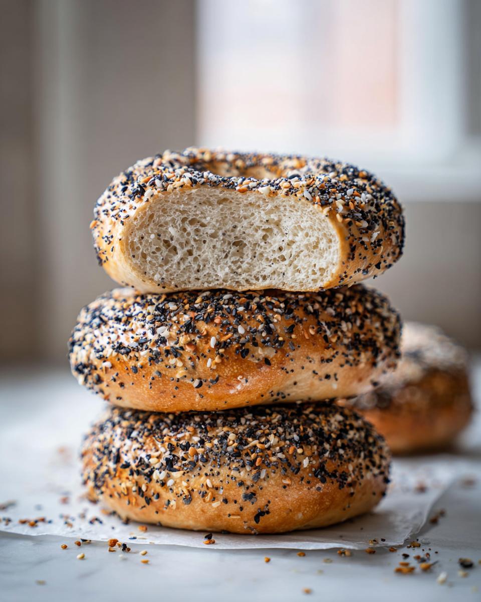A stack of three everything sourdough discard bagels, with the top one cut in half showing the airy interior crumb.
