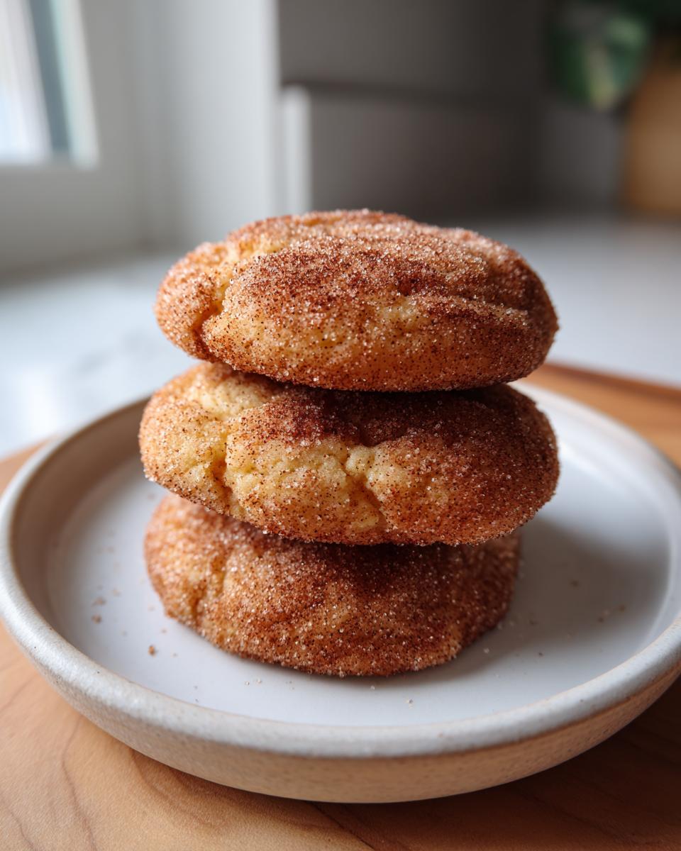 A stack of three soft, thick cinnamon cookies generously coated in cinnamon sugar.