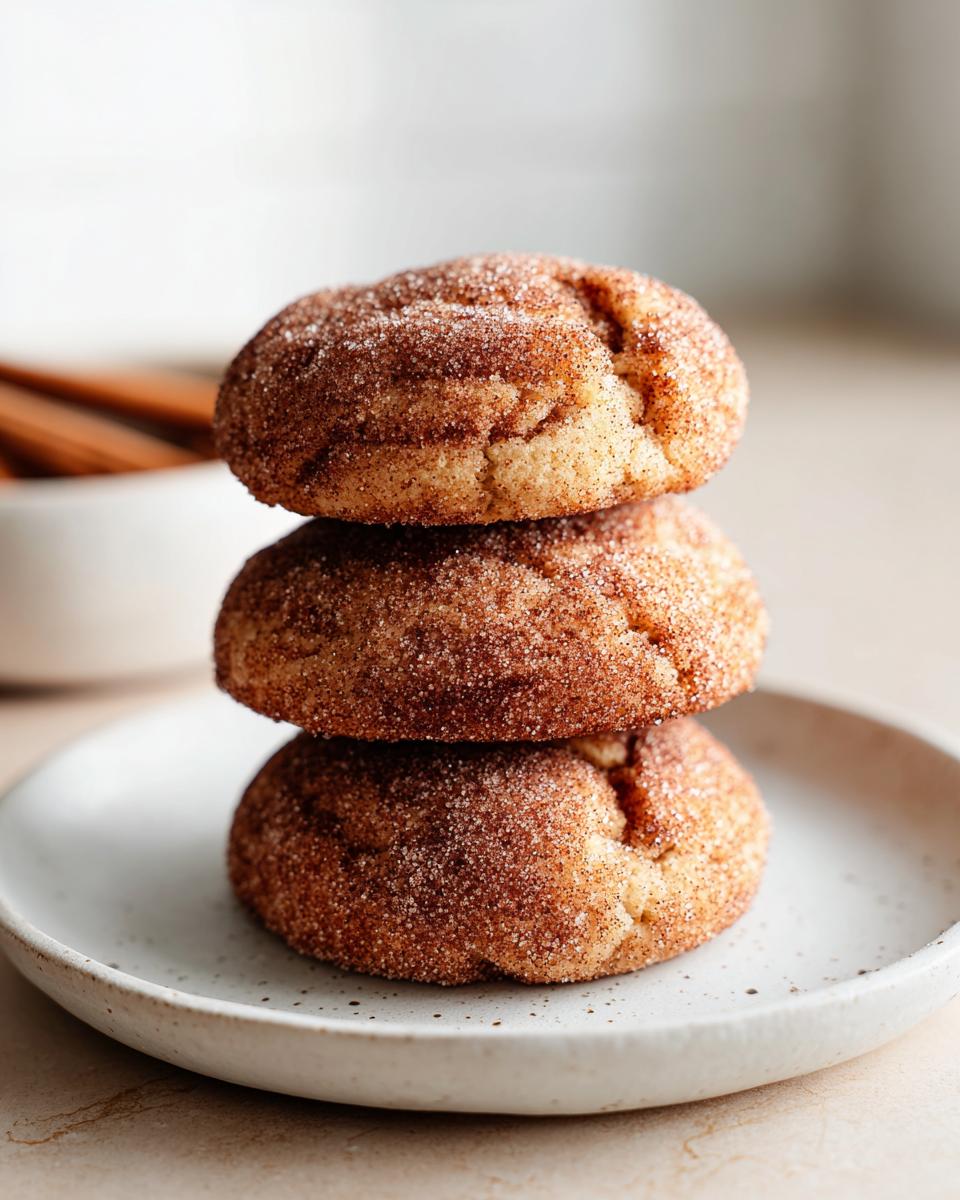 A stack of three soft, chewy cinnamon cookies generously coated in cinnamon sugar, resting on a small plate.