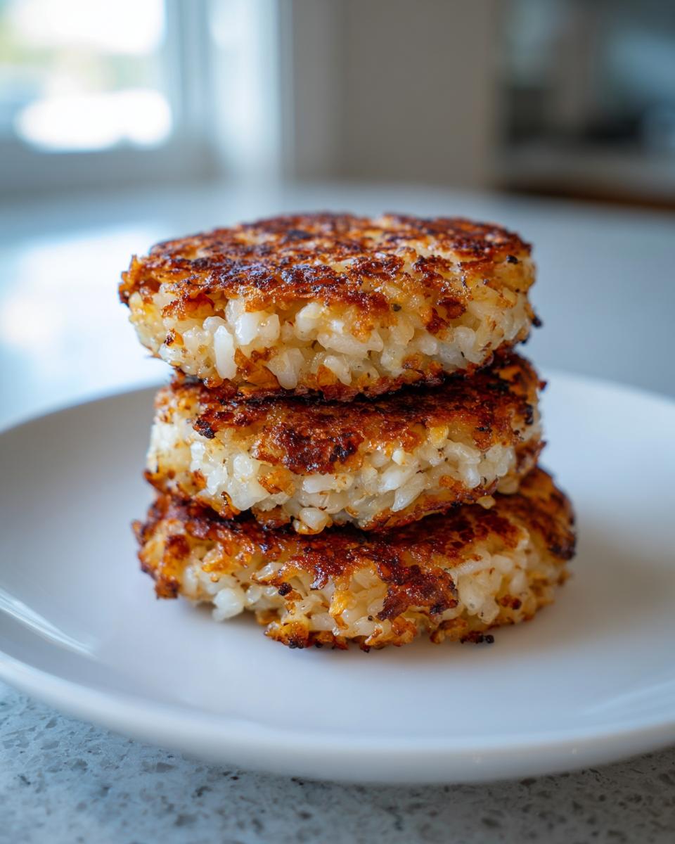 Three golden brown, pan-fried patties stacked on a white plate, showcasing perfect crispy rice texture.