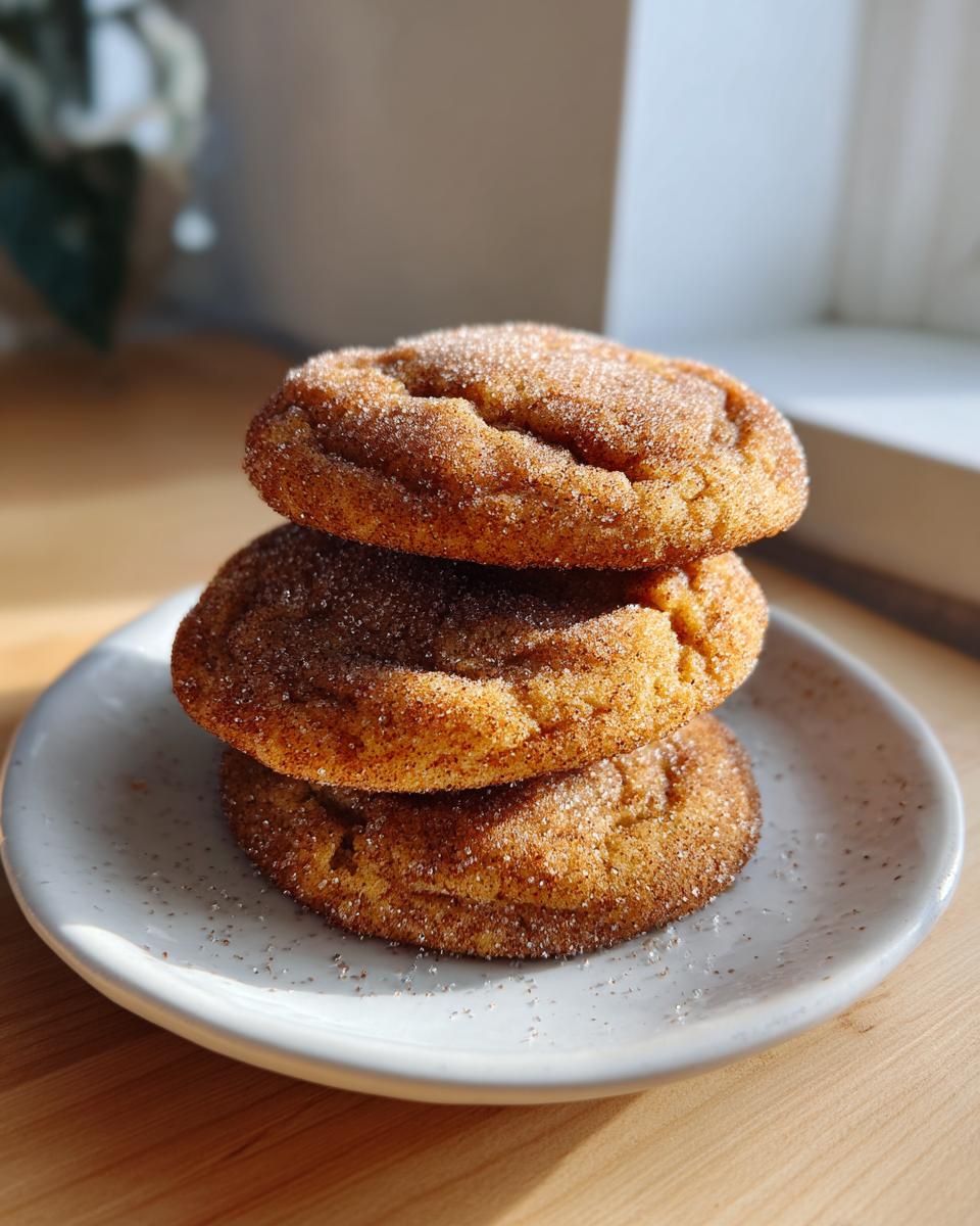 Three soft, chewy cinnamon cookies stacked on a small white plate, coated in sugar.
